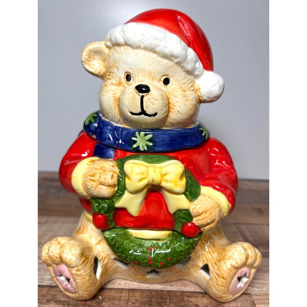 Vintage Gibson Christmas Bear Ceramic Cookie Jar & Candle Holder